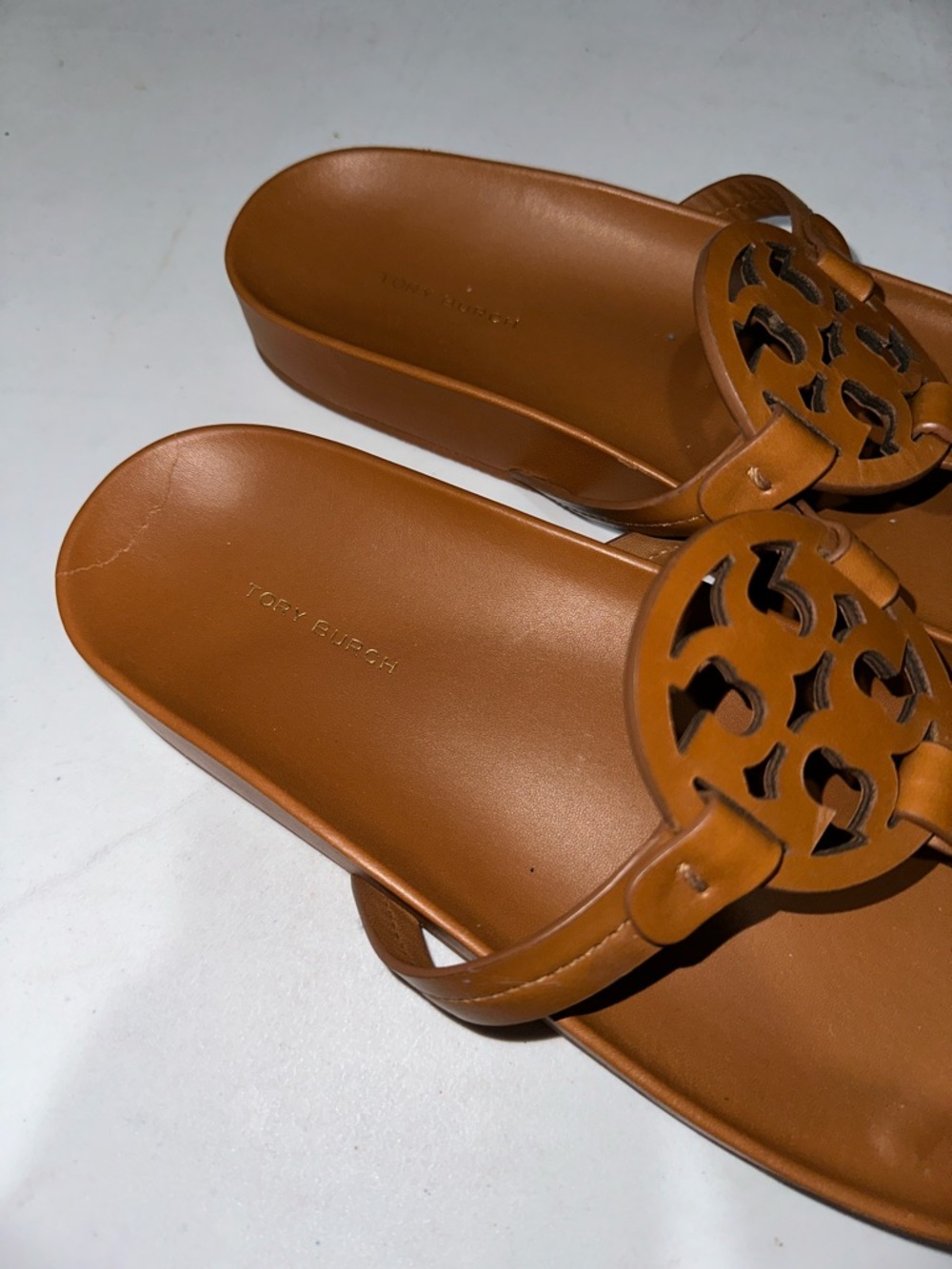 Tory Burch Cognac Leather Logo Thong Sandals - Picture 2 of 5
